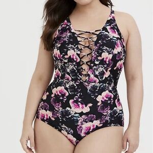 Torrid Bathing Suit Plus Size Black/Pink Floral Lattice-Front One Piece Sz. 2